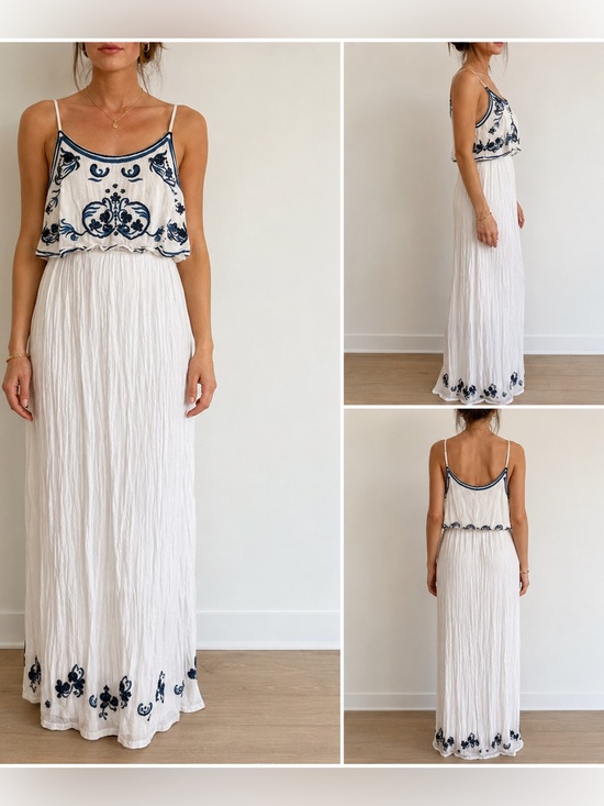 Dex Dresses & Skirts - Dex White and Blue Embroidered beaded Sun Dress size medium